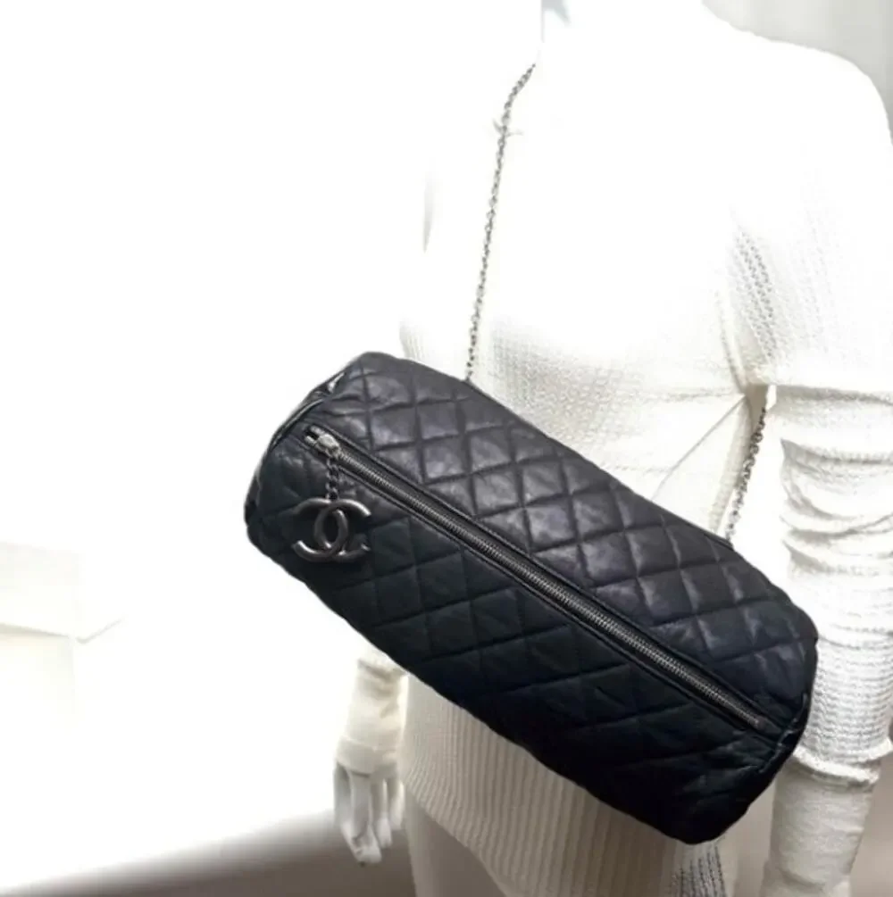Chanel Black 3-way Leather & Patent Bag w/ Huge CC Charm /Runway Barrel Bag